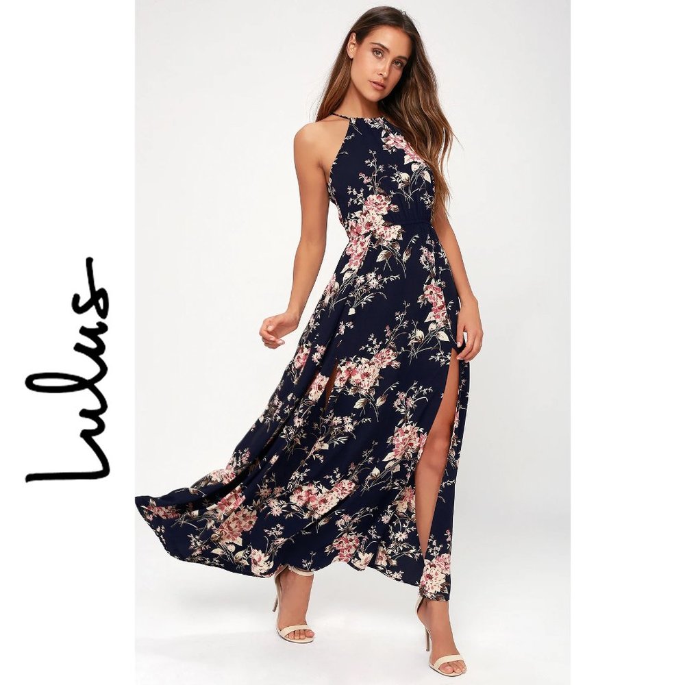 NWT Lulus Feel the Music Midnight Blue Floral Print Maxi Dress CoCoLove
